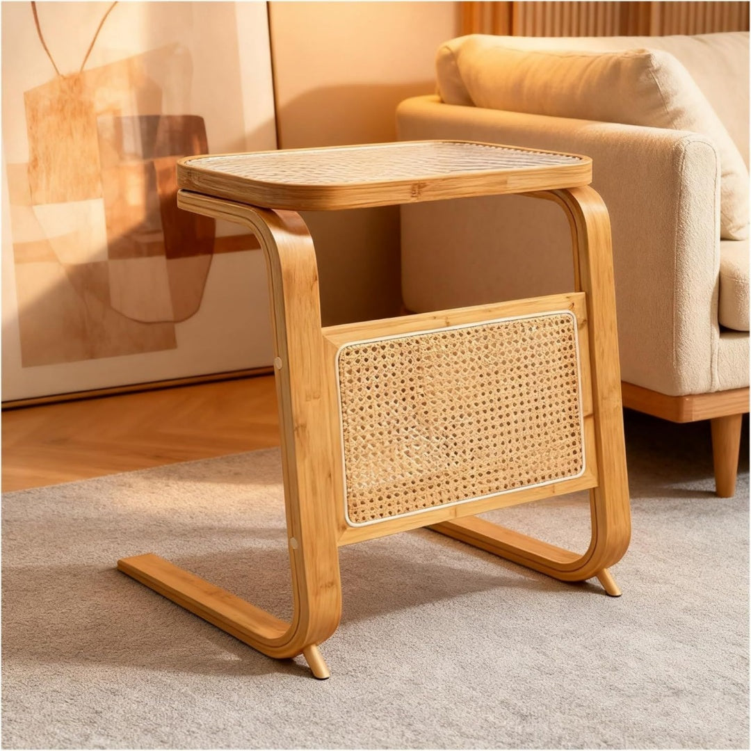 Meuble sur pied en rotin et verre