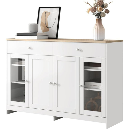 Buffet gris clair, structure robuste, quatre portes, deux tiroirs