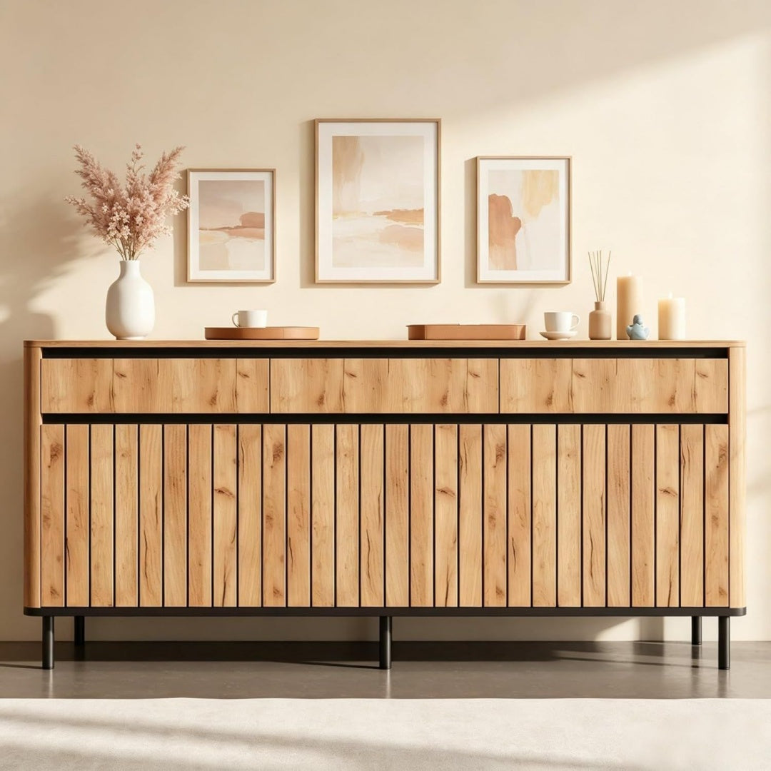Beige et panneau de particules, commode a tiroirs style industriel au rendu epure