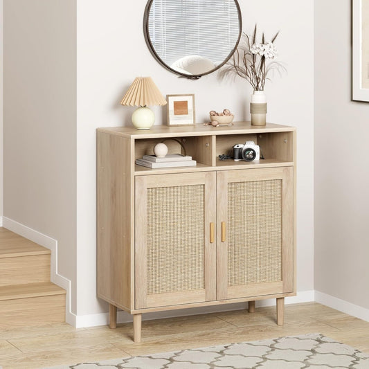 Commode beige en bois massif 4 portes 80 x 40 x 94 cm